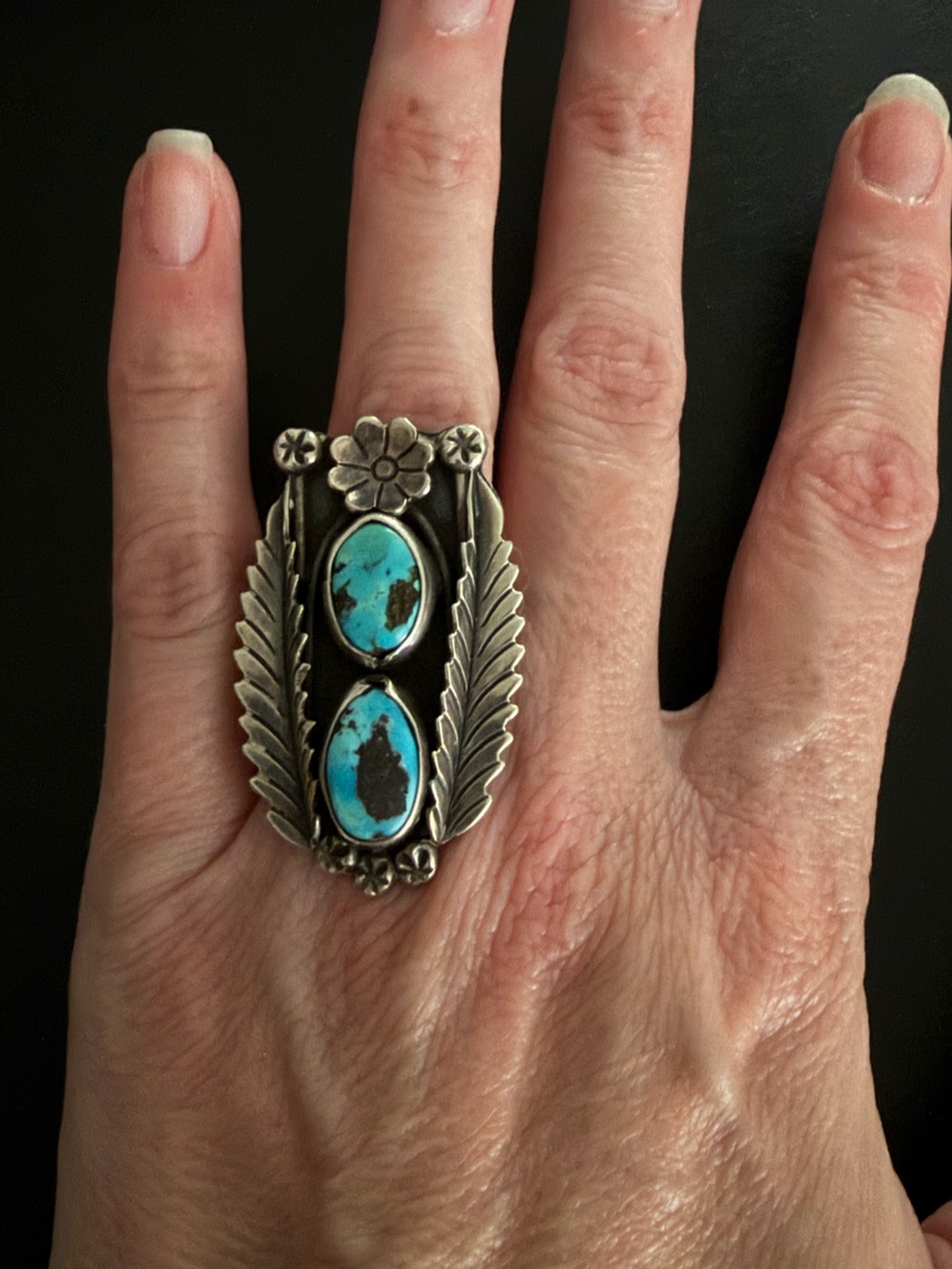 Vintage Navajo Diné Sterling Silver Turquoise Ring Signed MC Mary Chavez